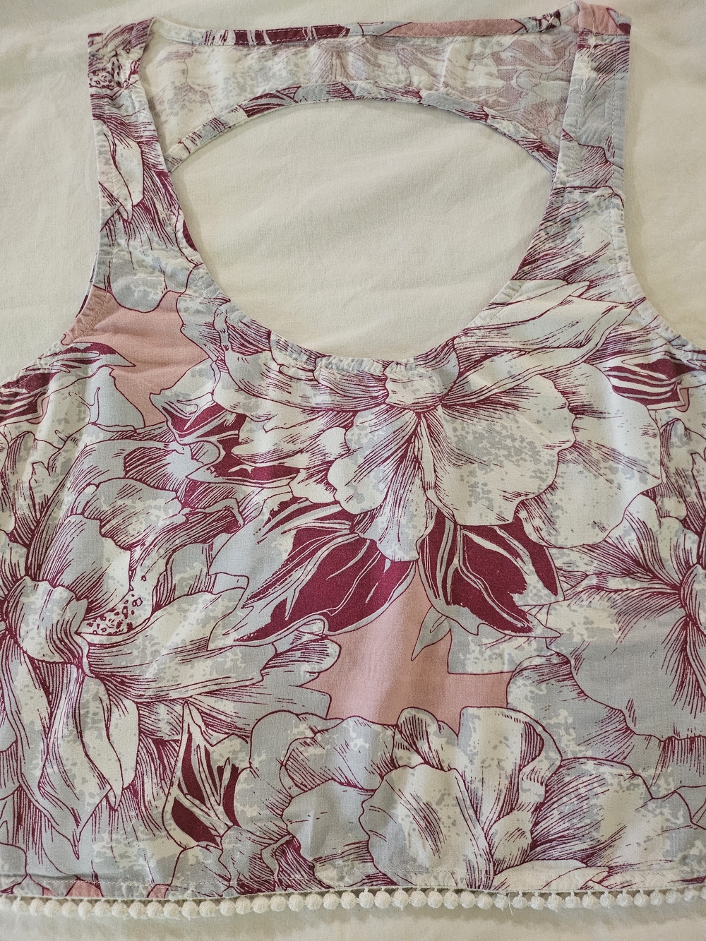 Mudd Pink and Maroon Floral Racerback Crop Top Small Pompom Trim Boho Cottage